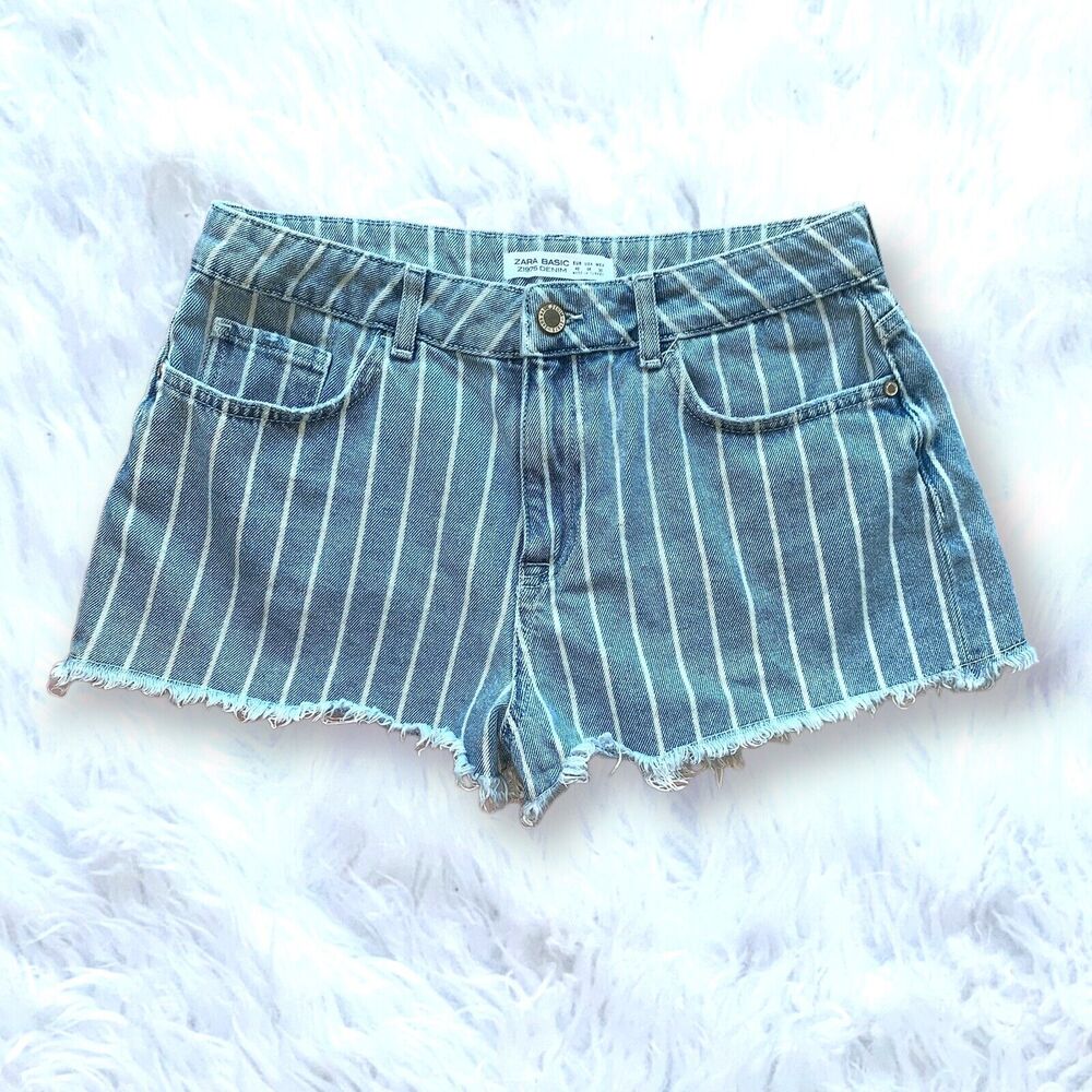 ZARA High Rise Pinstriped Cut Off Frayed Hem Denim Shorts Jeans Blue 8
